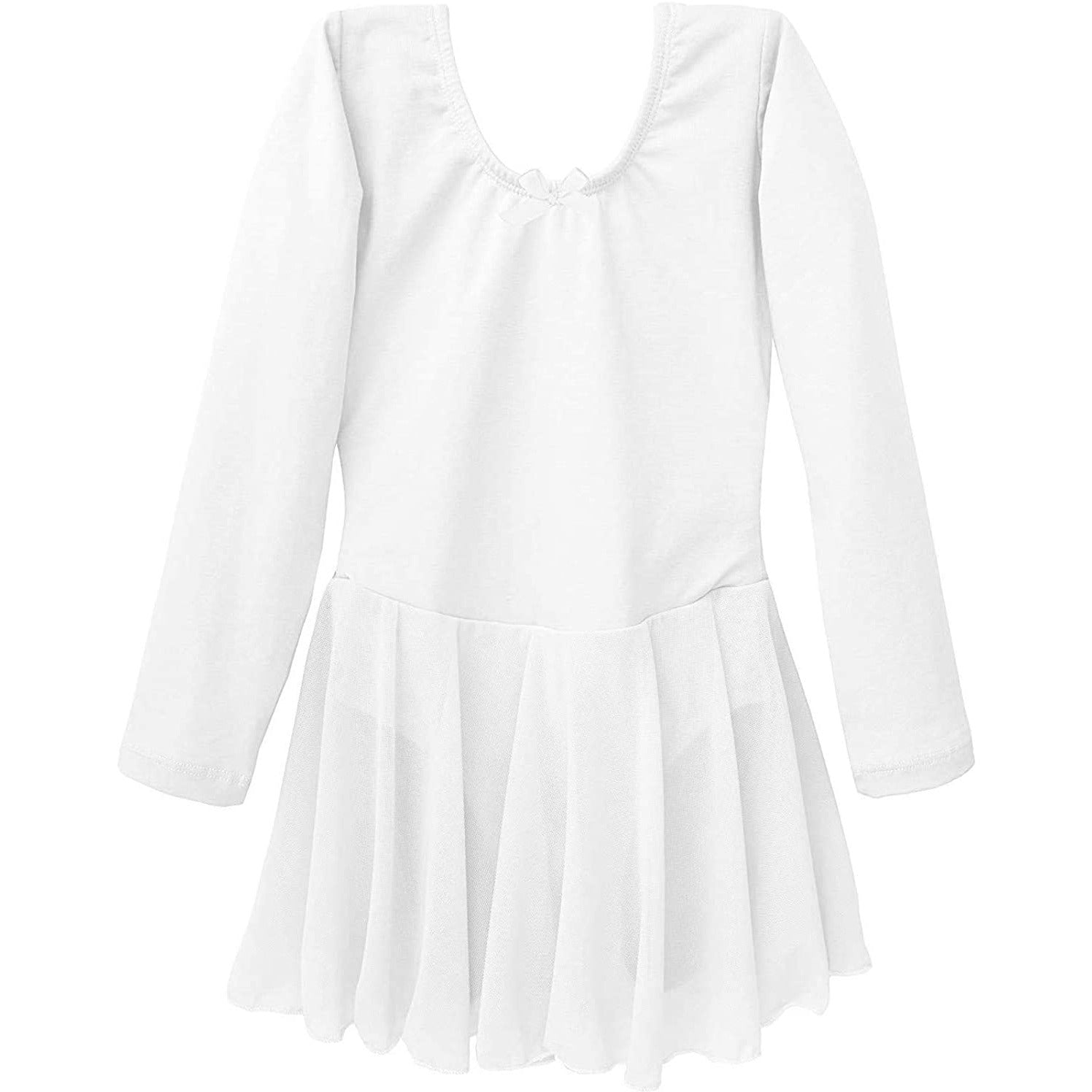 Dancina Girls Skirted Ballet Leotard Dance Dress Long Sleeve Cotton Front Lined White