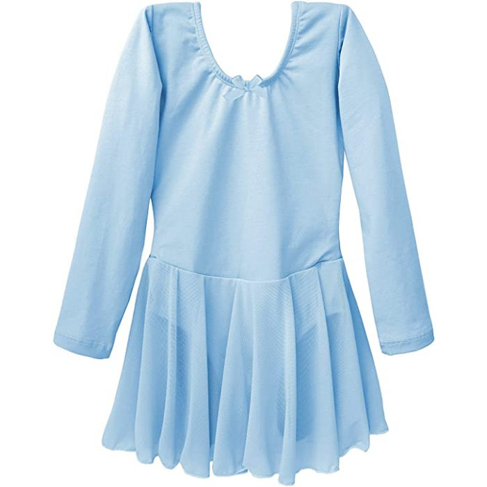 Dancina Girls Skirted Ballet Leotard Dance Dress Long Sleeve Cotton Front Lined in Light Blue
