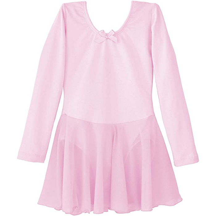 Dancina Girls Skirted Ballet Leotard Dance Dress Long Sleeve Cotton Front Lined in Pink