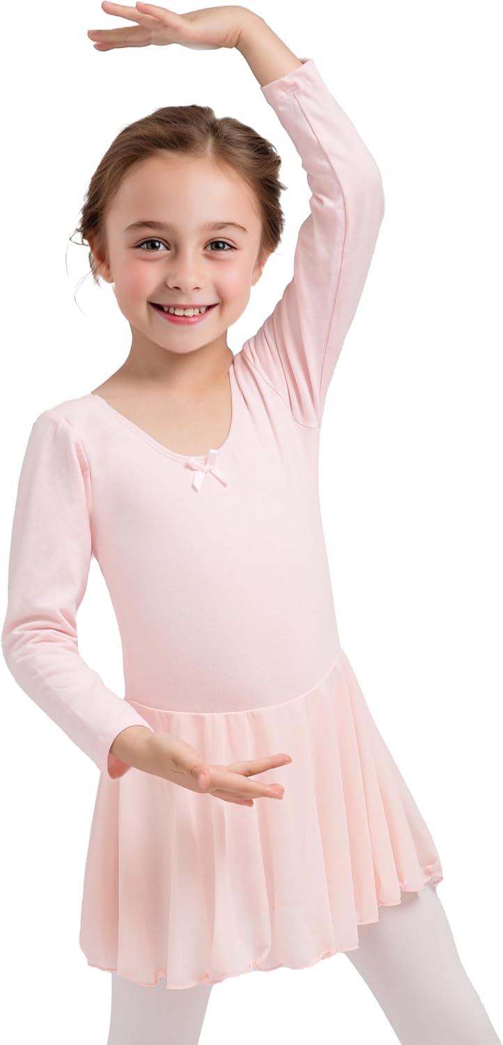 Dancina Girls Skirted Ballet Leotard Dance Dress Long Sleeve Cotton Front Lined