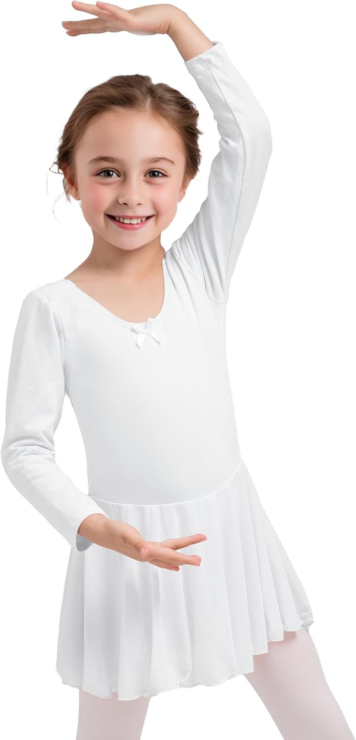Dancina Girls Skirted Ballet Leotard Dance Dress Long Sleeve Cotton Front Lined