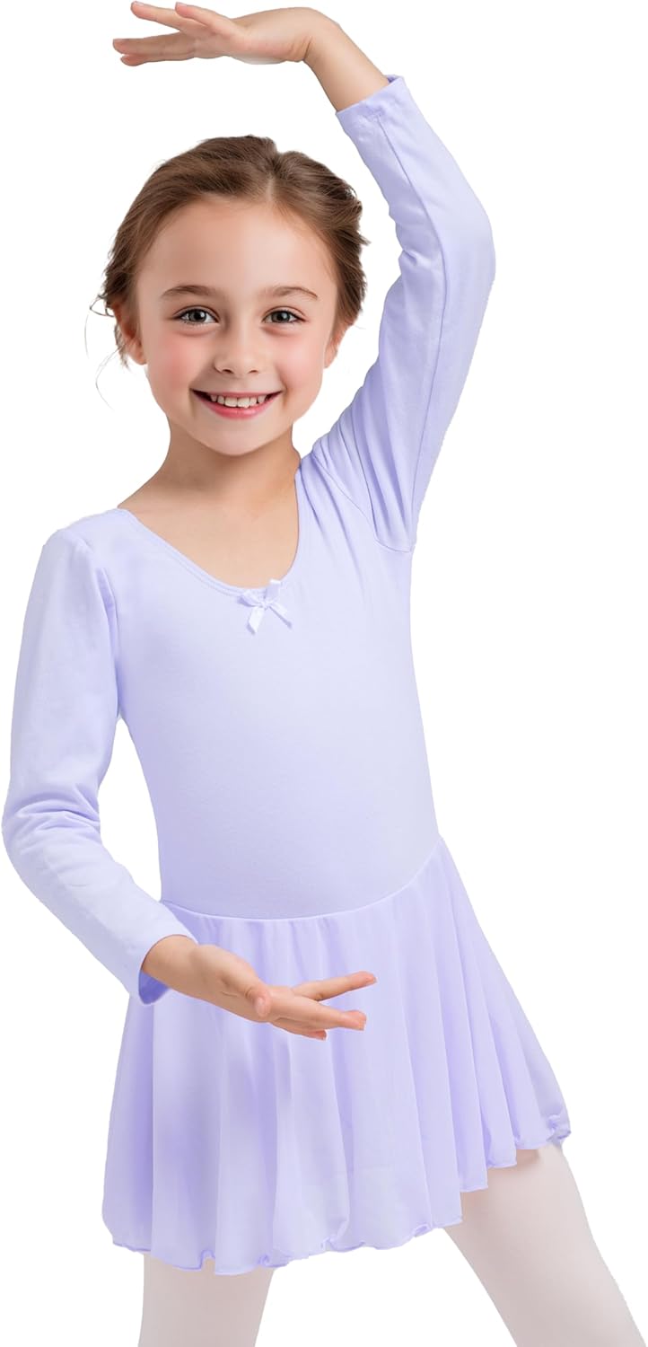 Dancina Girls Skirted Ballet Leotard Dance Dress Long Sleeve Cotton Front Lined