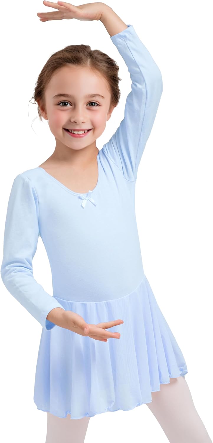 Dancina Girls Skirted Ballet Leotard Dance Dress Long Sleeve Cotton Front Lined