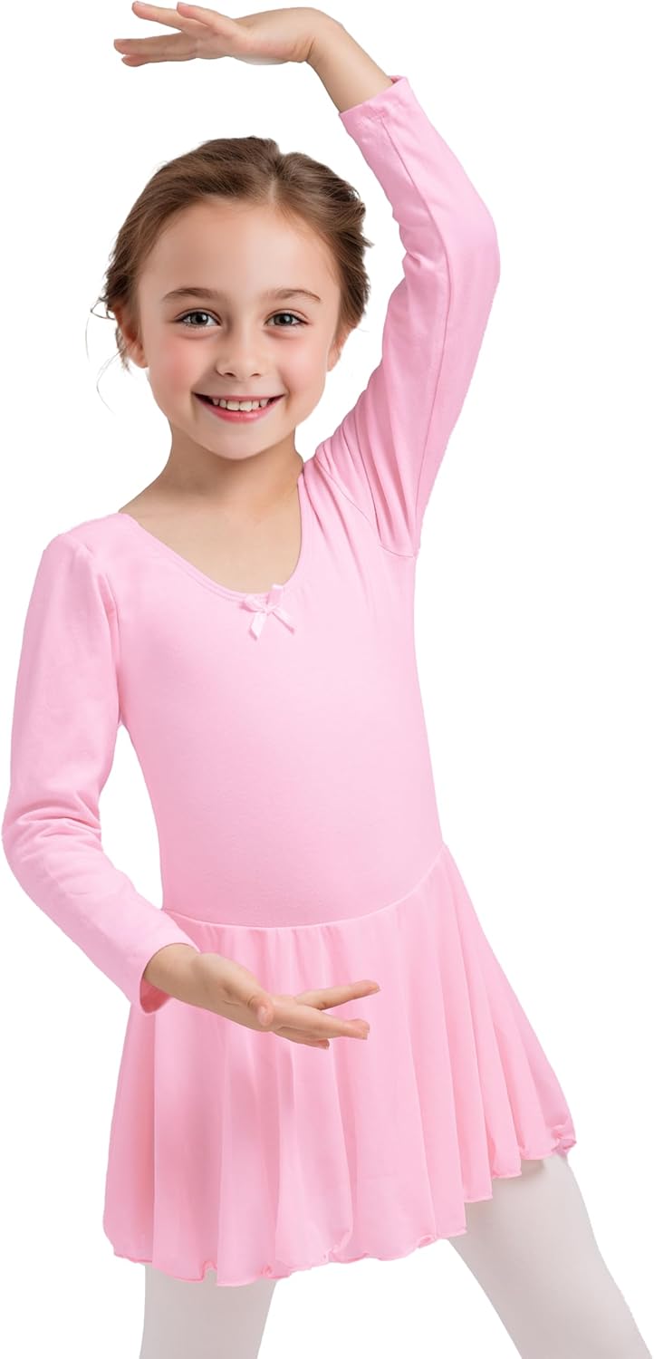 Dancina Girls Skirted Ballet Leotard Dance Dress Long Sleeve Cotton Front Lined