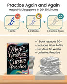 Magic Grooved Cursive Practice workbook infographic – magic ink disappears in 20–30 minutes for unlimited reusable practice, replacing 50+ traditional workbooks