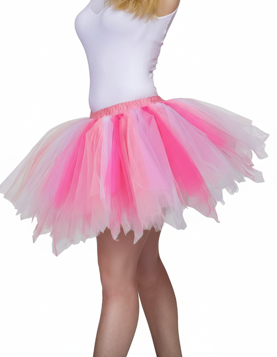 Person wearing a pink and white tutu skirt on a white background