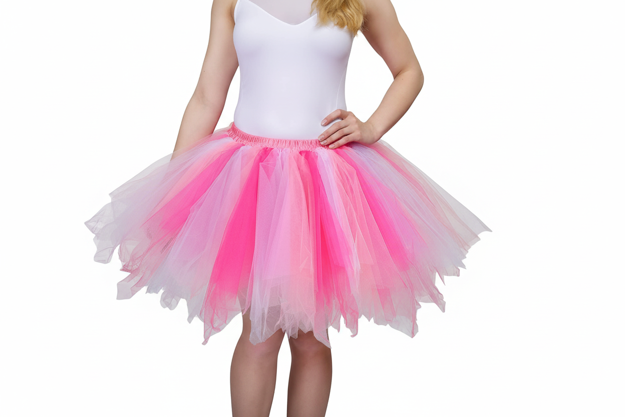 Person wearing a white top and pink and white tutu skirt on a white background