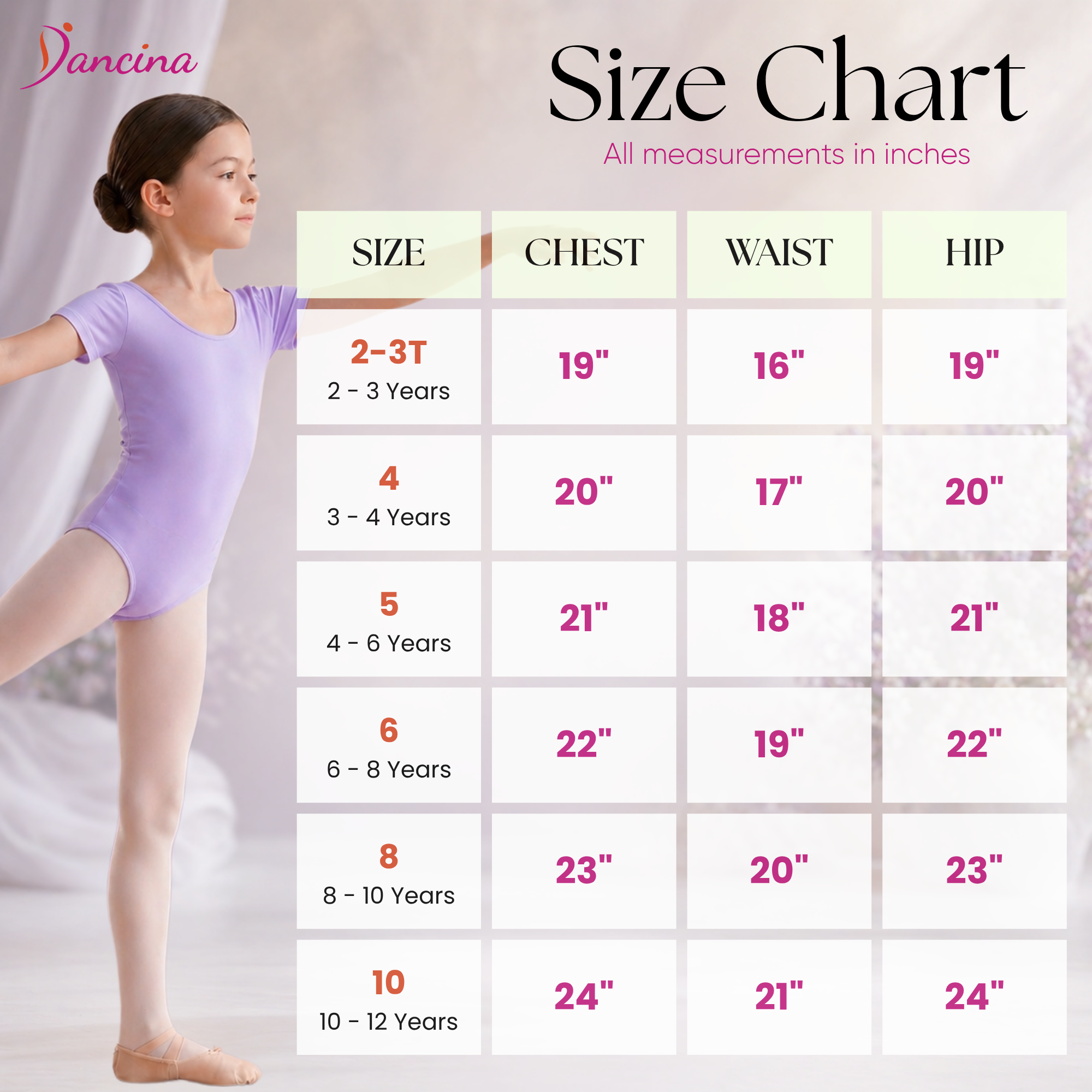 Dancina Short Sleeve Leotard for Toddlers & Girls  Size Chart