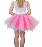 Person wearing a white top and pink tutu skirt on a white background